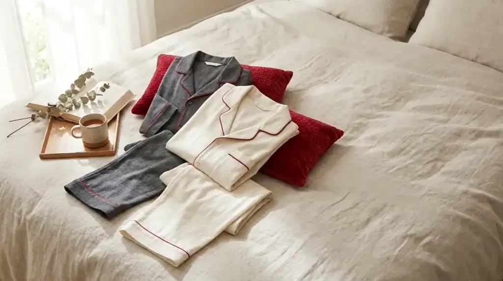 Wokpannen en wok-accessoires posés sur un lit douillet dans une chambre lumineuse
