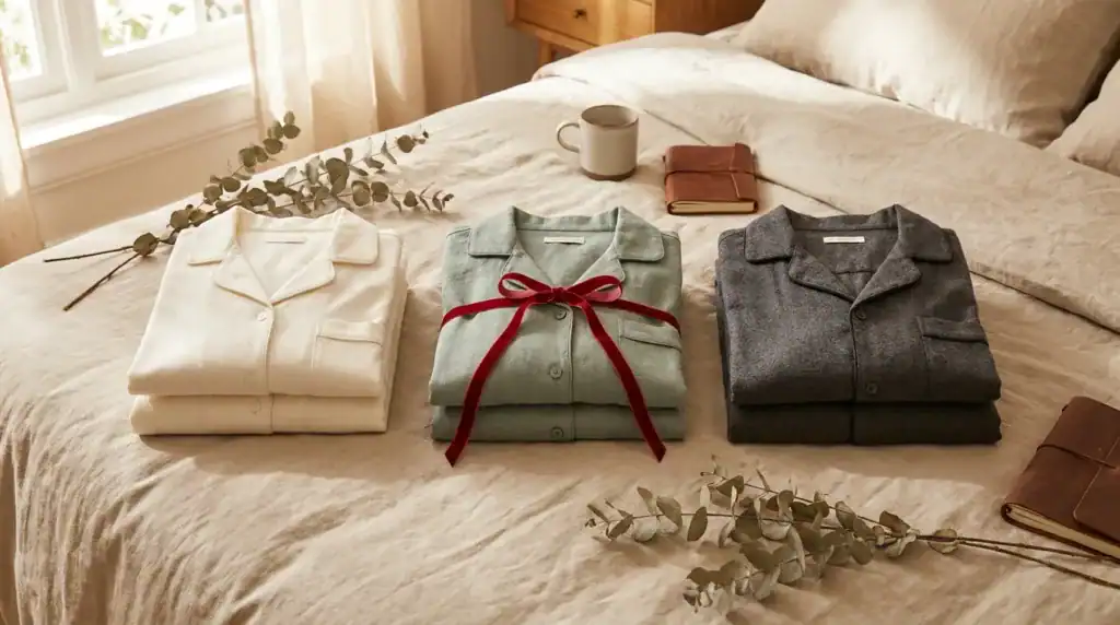 Ensemble de pyjamas à manches longues pliés sur un lit, trois couleurs : crème, vert et gris.