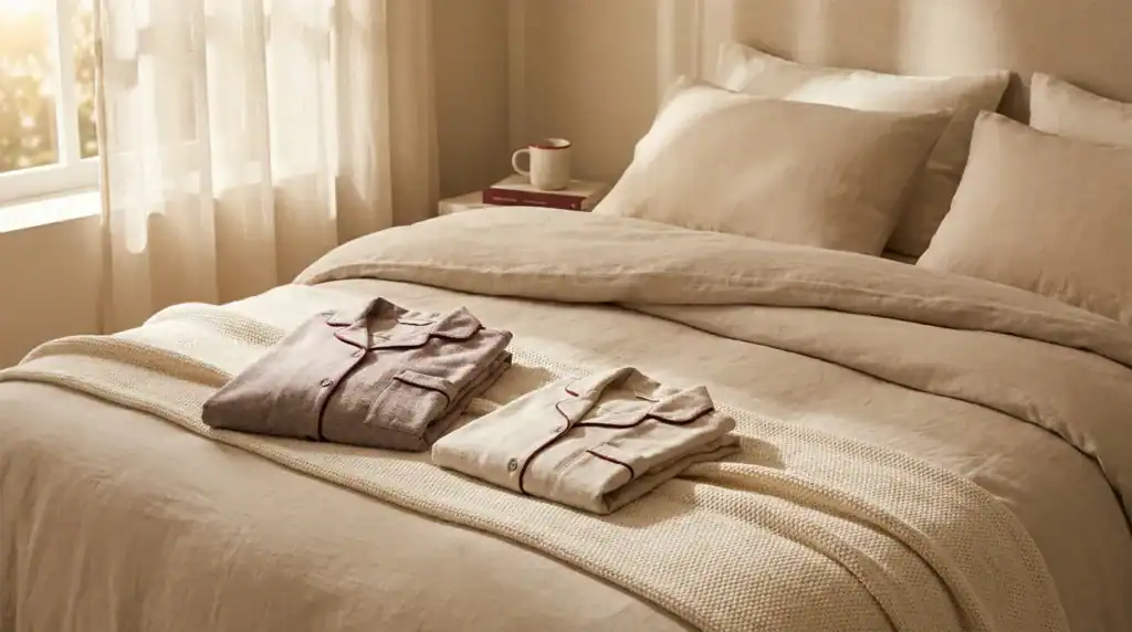 Pyjama couple en coton beige avec bordures rouges, plié sur un lit.