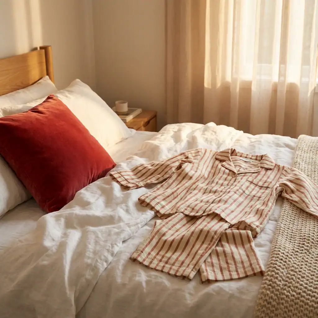 Pyjama à rayures rouges et crème posé sur un lit avec coussin rouge.