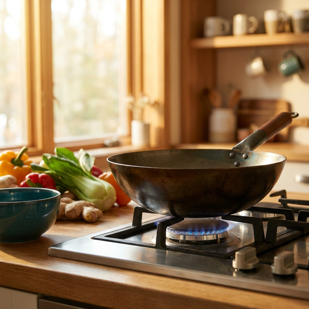 Wokpannen en wok-accessoires wok-accessoires uitgestald in een warme keukensfeer