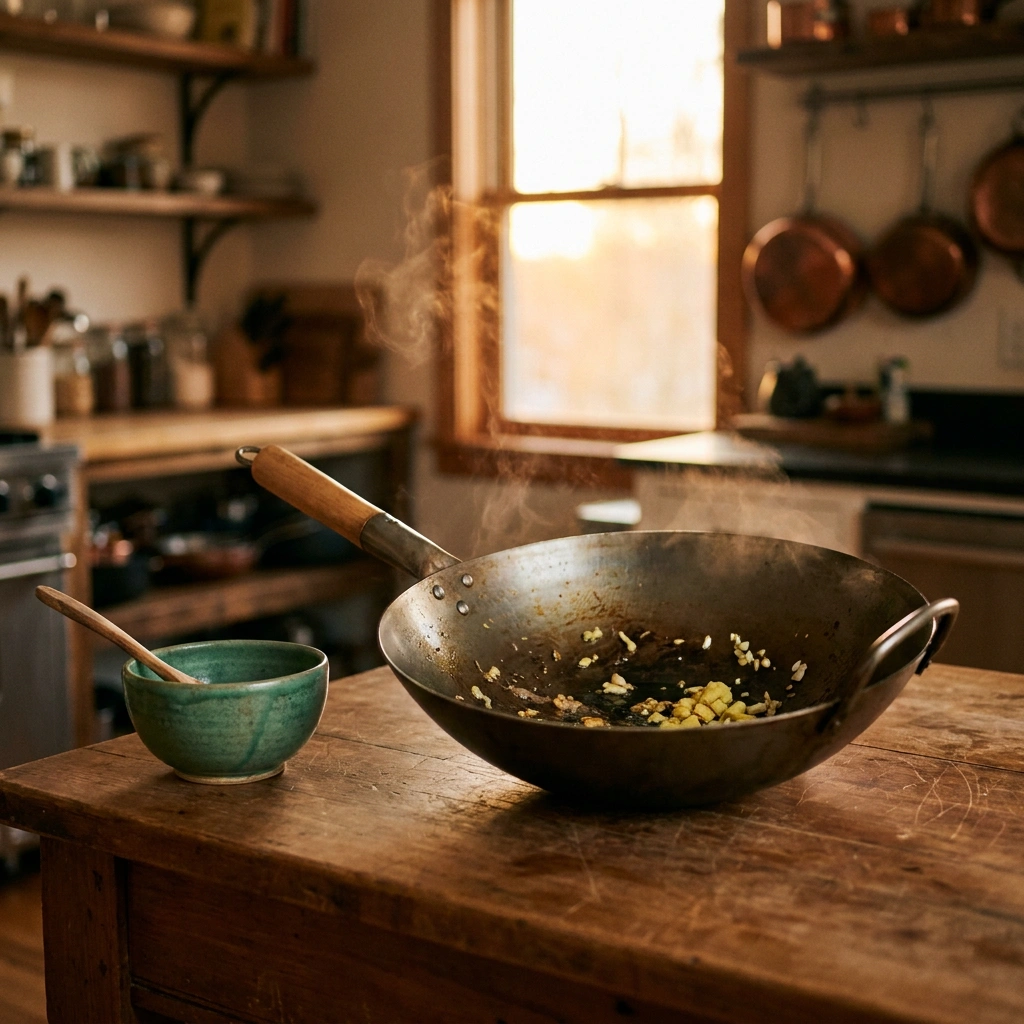 Wokpan op een gasfornuis omringd door verse groenten en kruiden