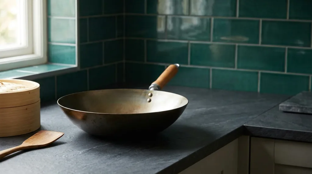 Wokpannen en wok-accessoires wokpan klaar voor gebruik op een lichte moderne keuken
